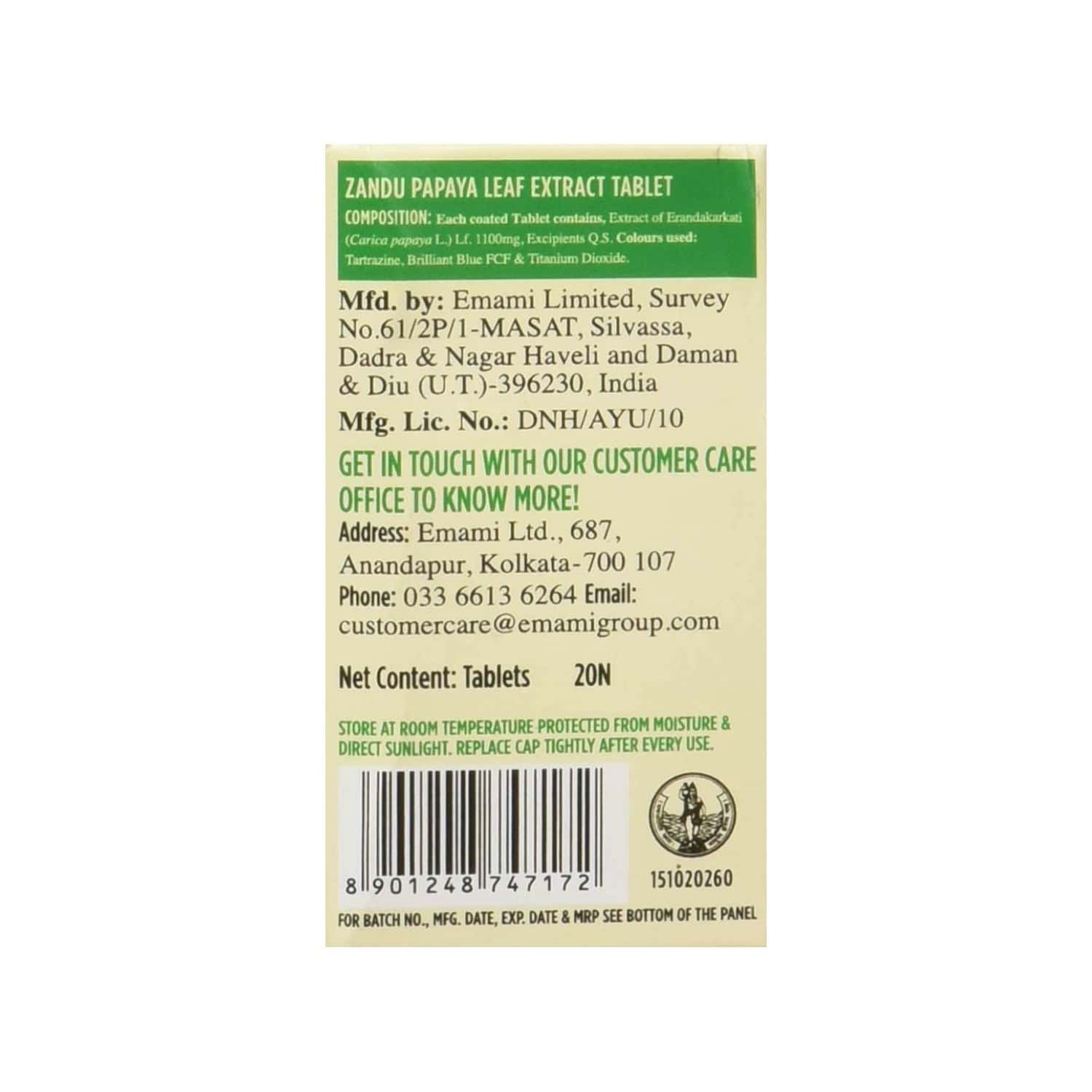 Buy Zandu Papaya Leaf Extract Immunity Booster 20 Tablets Online & Get