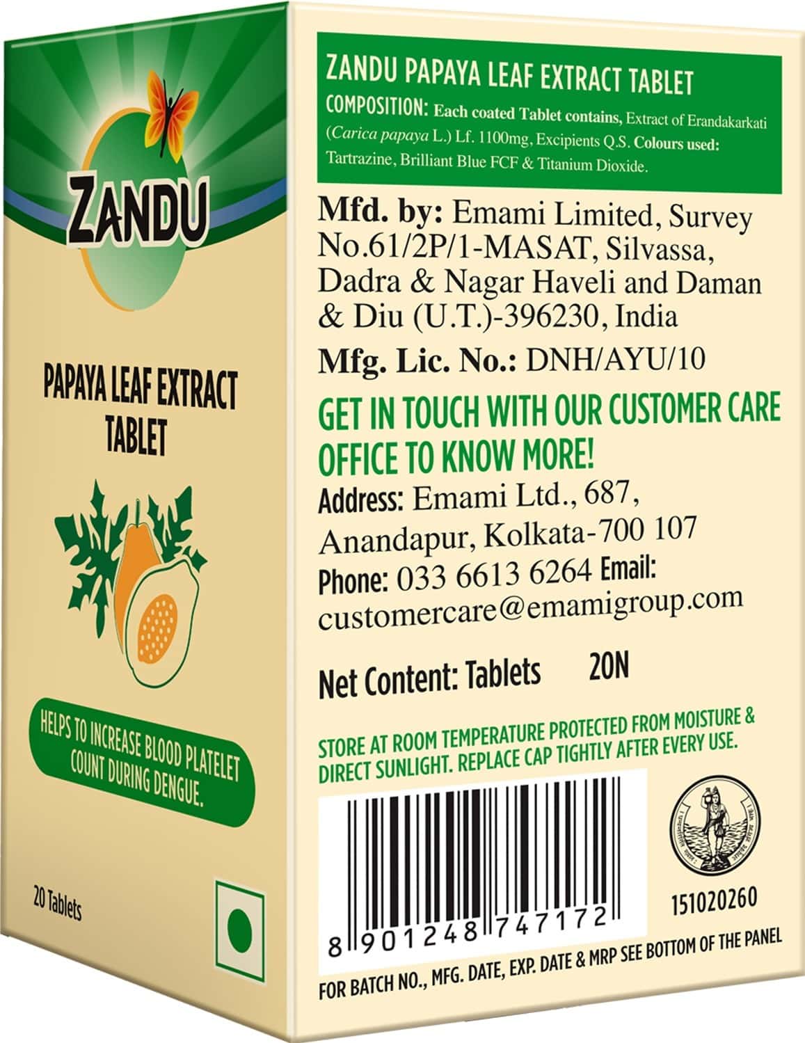 Buy ZANDU PAPAYA LEAF EXTRACT IMMUNITY BOOSTER 20 TABLETS Online & Get
