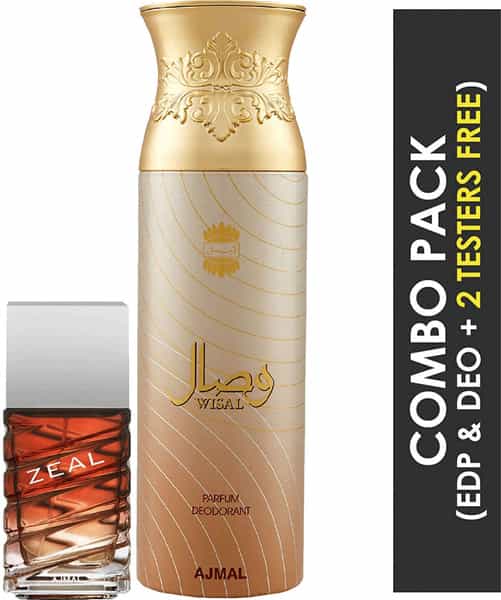 Ajmal Zeal Eau De Parfum 100Ml Perfume For Men And Wisal Deodorant 200Ml For Women