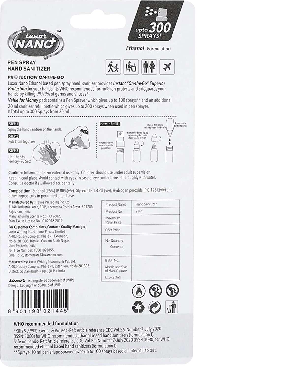 Buy LUXOR NANO PEN SANITIZER SPRAY WITH REFILL BOTTLE 10 ML + 20 ML