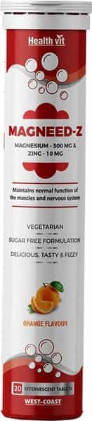 Healthvit Magneed-Z Magnesium 300Mg & Zinc 10Mg For Muscle Health - 20 Eff Tablets (Orange Flavour)
