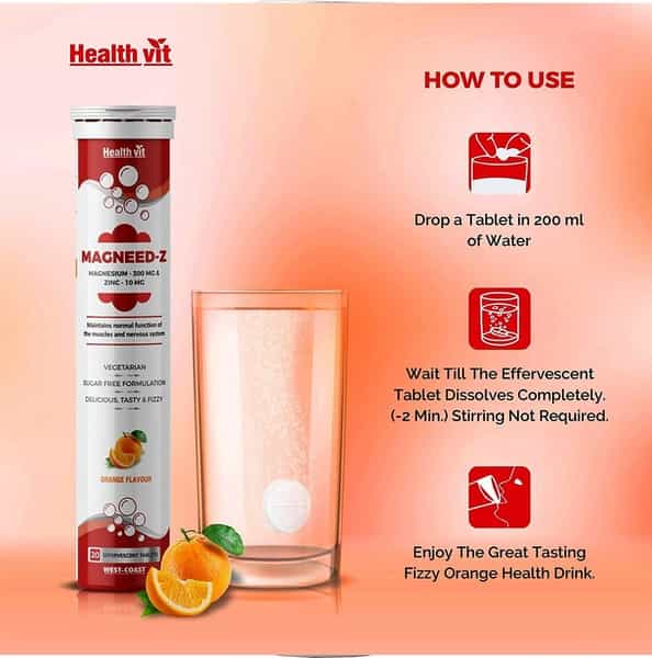 Healthvit Magneed-Z Magnesium 300Mg & Zinc 10Mg For Muscle Health - 20 Eff Tablets (Orange Flavour)