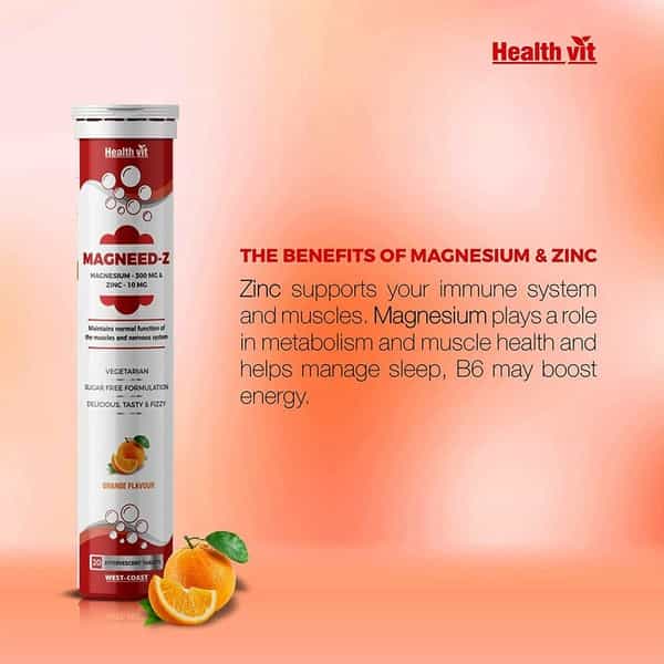 Healthvit Magneed-Z Magnesium 300Mg & Zinc 10Mg For Muscle Health - 20 Eff Tablets (Orange Flavour)