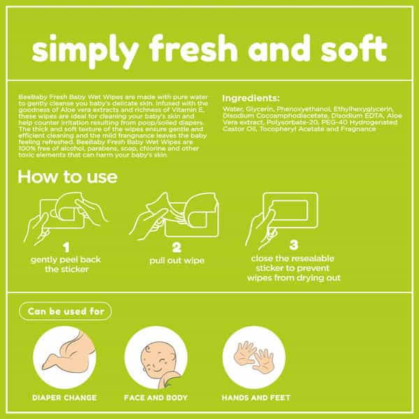 Beebaby Fresh Aloe Vera Baby Wet Wipes With Plastic Lid 3 Pack Of 80 Pieces