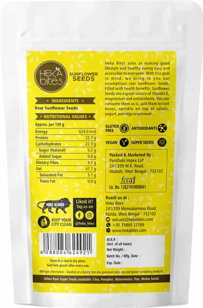 Heka Bites Premium Raw Sunflower Seeds -Pk Of 2|Immunity Booster|Diabetic Snacks