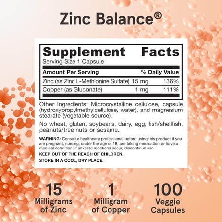 Jarrow Formulas Zinc Balance 15mg - | Veggie Capsules | Includes Copper | Essential Minerals - 100n