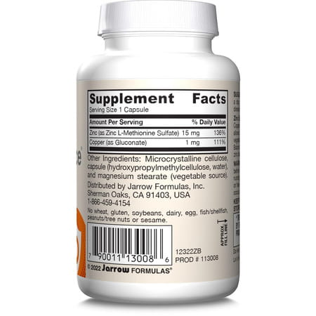 Jarrow Formulas Zinc Balance 15mg - | Veggie Capsules | Includes Copper | Essential Minerals - 100n
