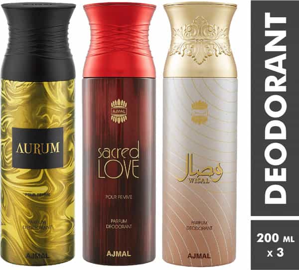 Ajmal Aurum & Sacred Love & Wisal Deodorant Spray - For Women (200 Ml Pack Of 3)