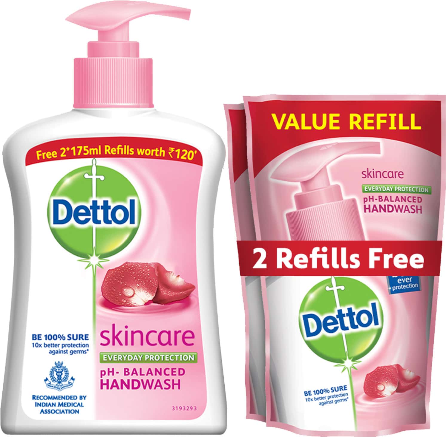Dettol Handwash Pump (Skincare) + 2 Free Refills (Skincare) 200ml + 2x175ml
