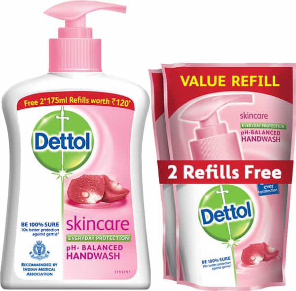 Dettol Handwash Pump (Skincare) + 2 Free Refills (Skincare) 200Ml + 2X175ml