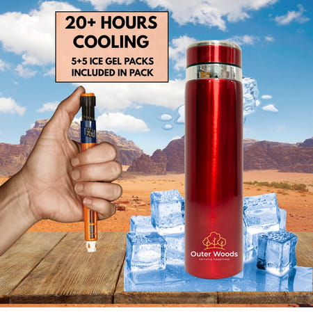 Outer Woods Insulin Cooler Bottle Case With 10 Mini Ice Gel Packs | 20+ Hrs Cooling | Large - Red