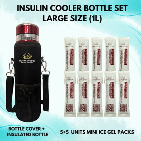 Outer Woods Insulin Cooler Bottle Case With 10 Mini Ice Gel Packs | 20+ Hrs Cooling | Large - Red