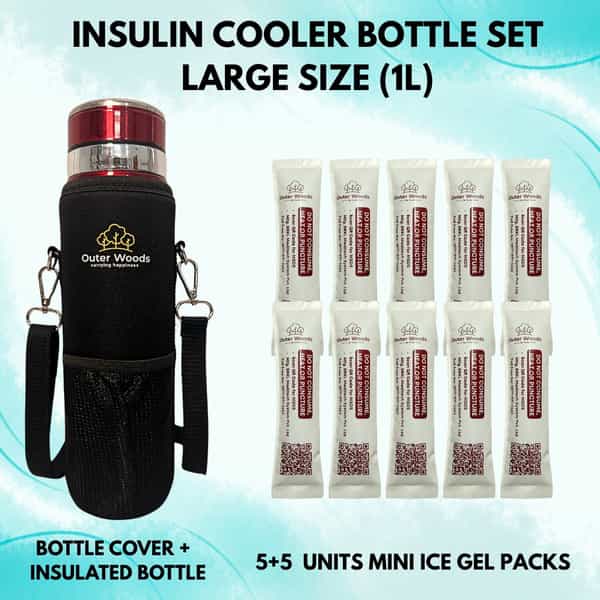 Outer Woods Insulin Cooler Bottle Case With 10 Mini Ice Gel Packs | 20+ Hrs Cooling | Large - Red
