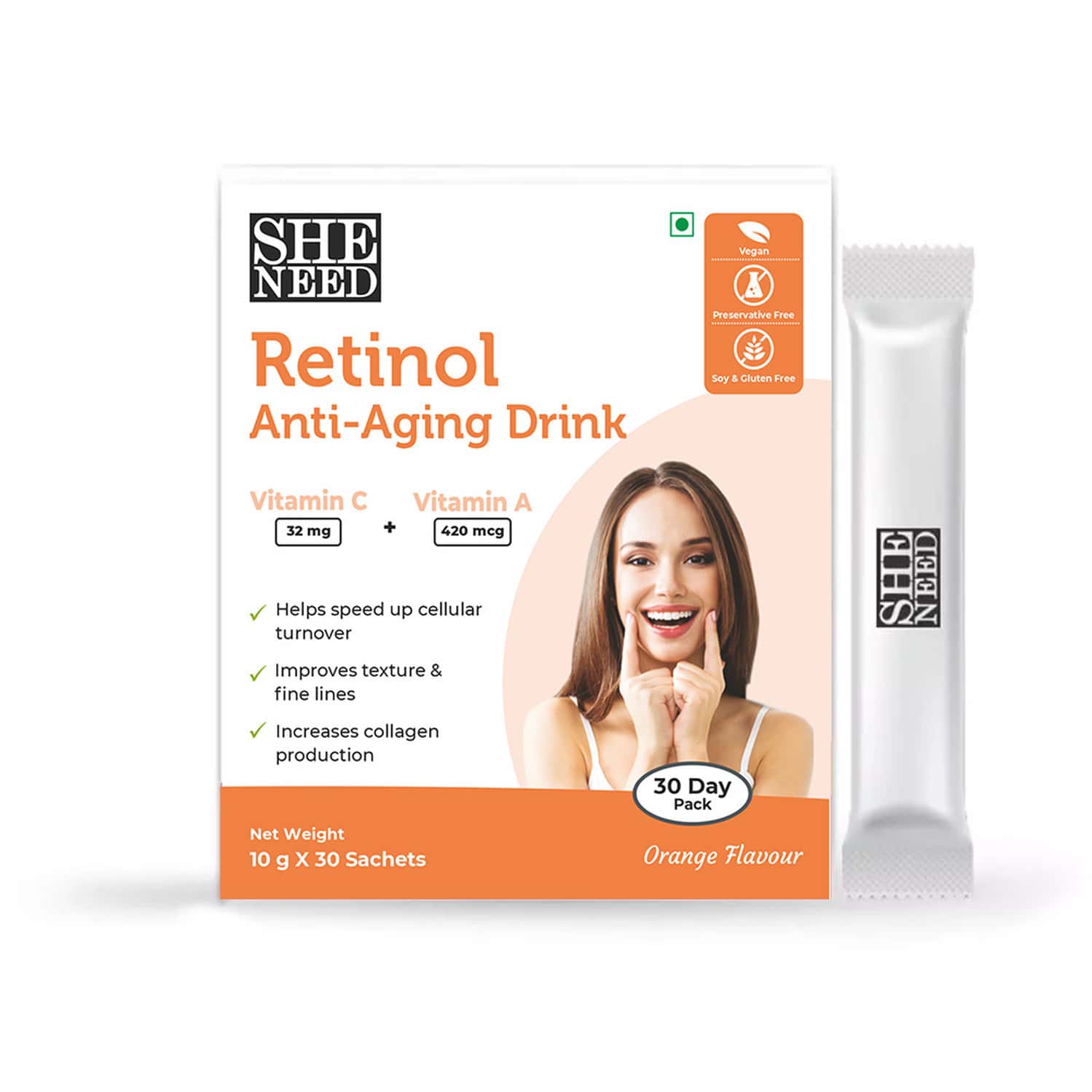 Sheneed Retinol Activated Anti-aging Drink With Pure Vitamin A&c | Reduce Wrinkle-vegan 30 Sachets