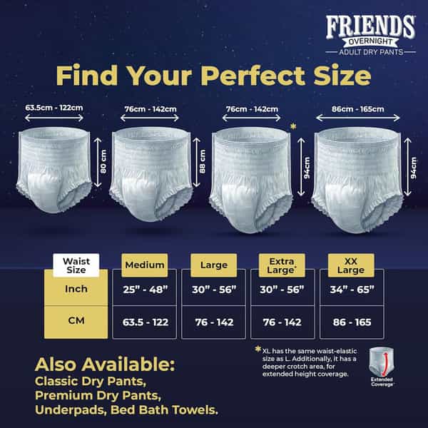 Friends Overnight Adult Diapers Pants Style (Large) | Waist Size 30-56 Inch - 30 Count