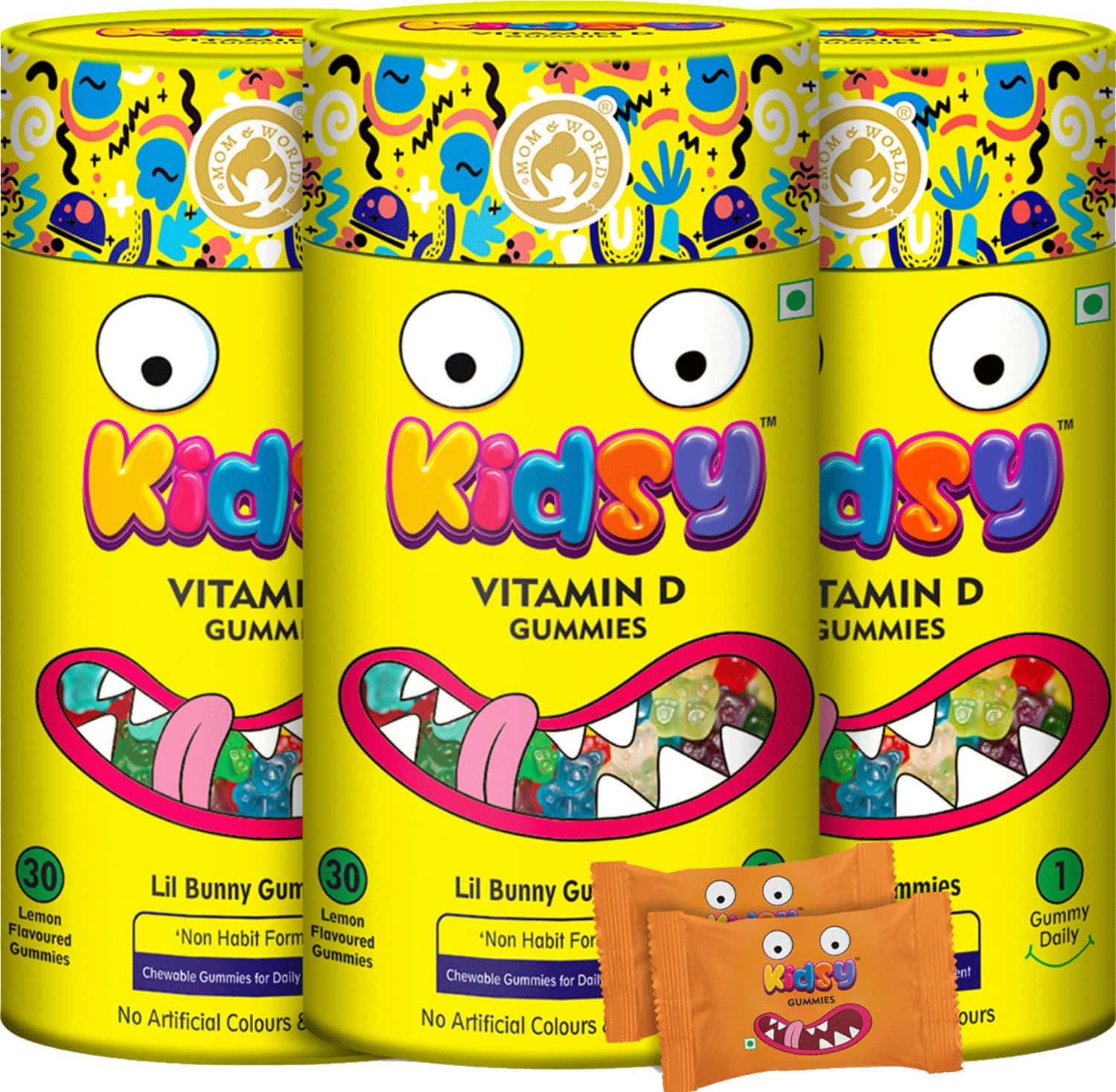 Mom & World Kidsy Vitamin D Gummies For Kids- 30 (Lemon Flavoured) (Pack Of 3)