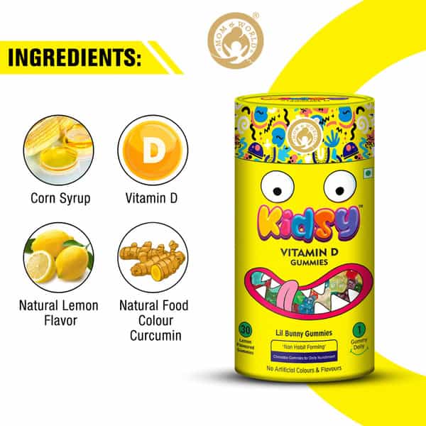 Mom & World Kidsy Vitamin D Gummies For Kids- 30 (Lemon Flavoured) (Pack Of 3)