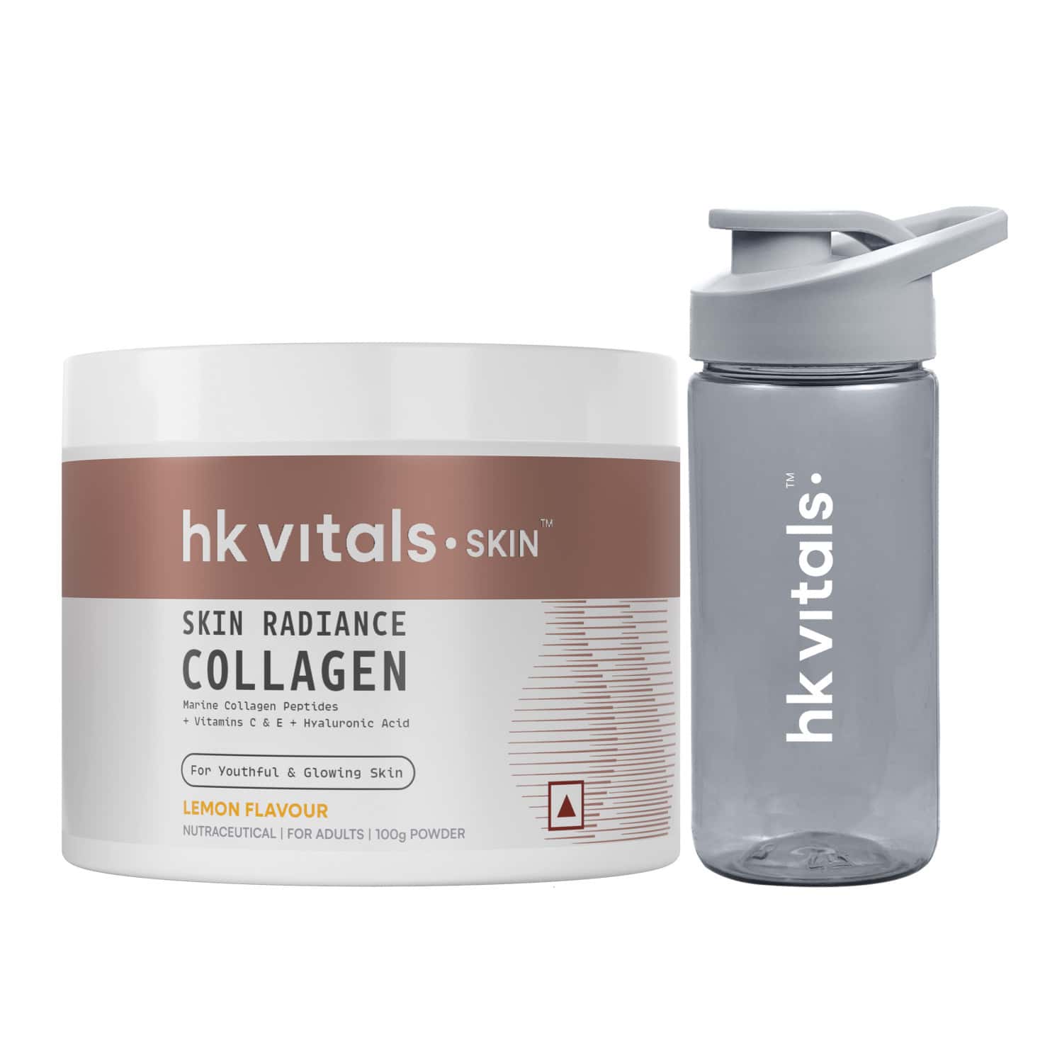 Healthkart Hk Vitals Skin Radiance Marine Collagen | Lemon 100gm & Sipper Bottle | Grey 300ml