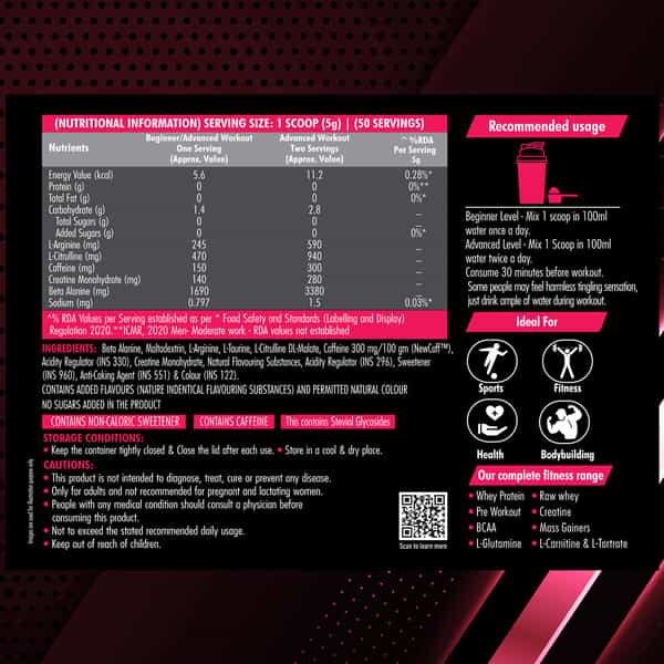 Dr. Morepen Muscle Food Pre Workout For Strength & Energy Berry Burst - 250G