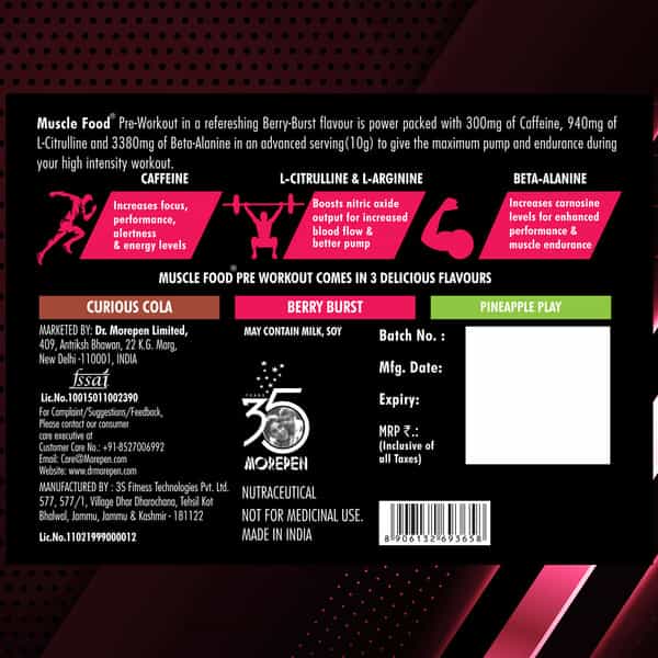 Dr. Morepen Muscle Food Pre Workout For Strength & Energy Berry Burst - 250G