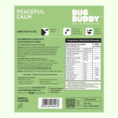 Bug Buddy Peaceful Calm | Non-Habit Forming | For Restful Sleep/Stress Relief | 15 Days Pack