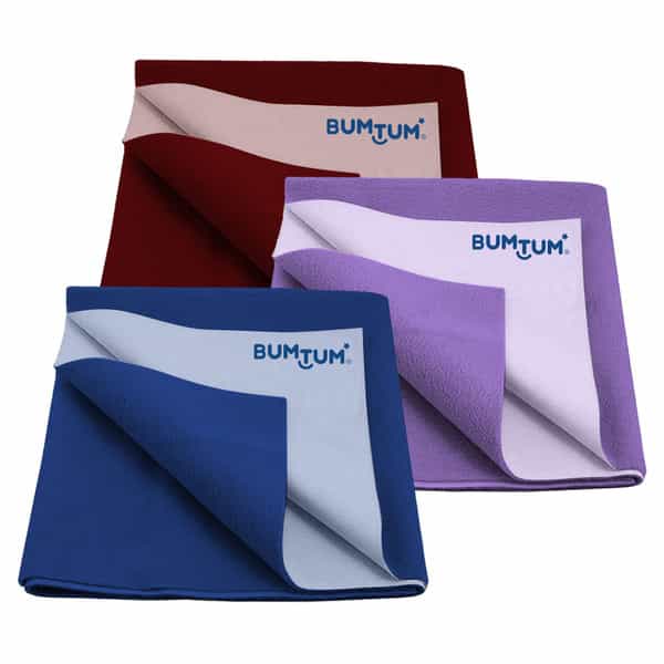 Bumtum Dry Sheet Leakproof Baby Bed Protector (Maroon+Lilac+Blue Large Size 100*140Cm|Pack Of 3)