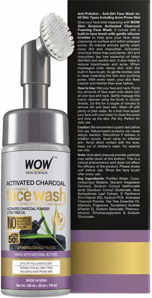 Wow Skin Science Activated Charcoal Foaming Face Wash With Built-In Face Brush - 150 Ml