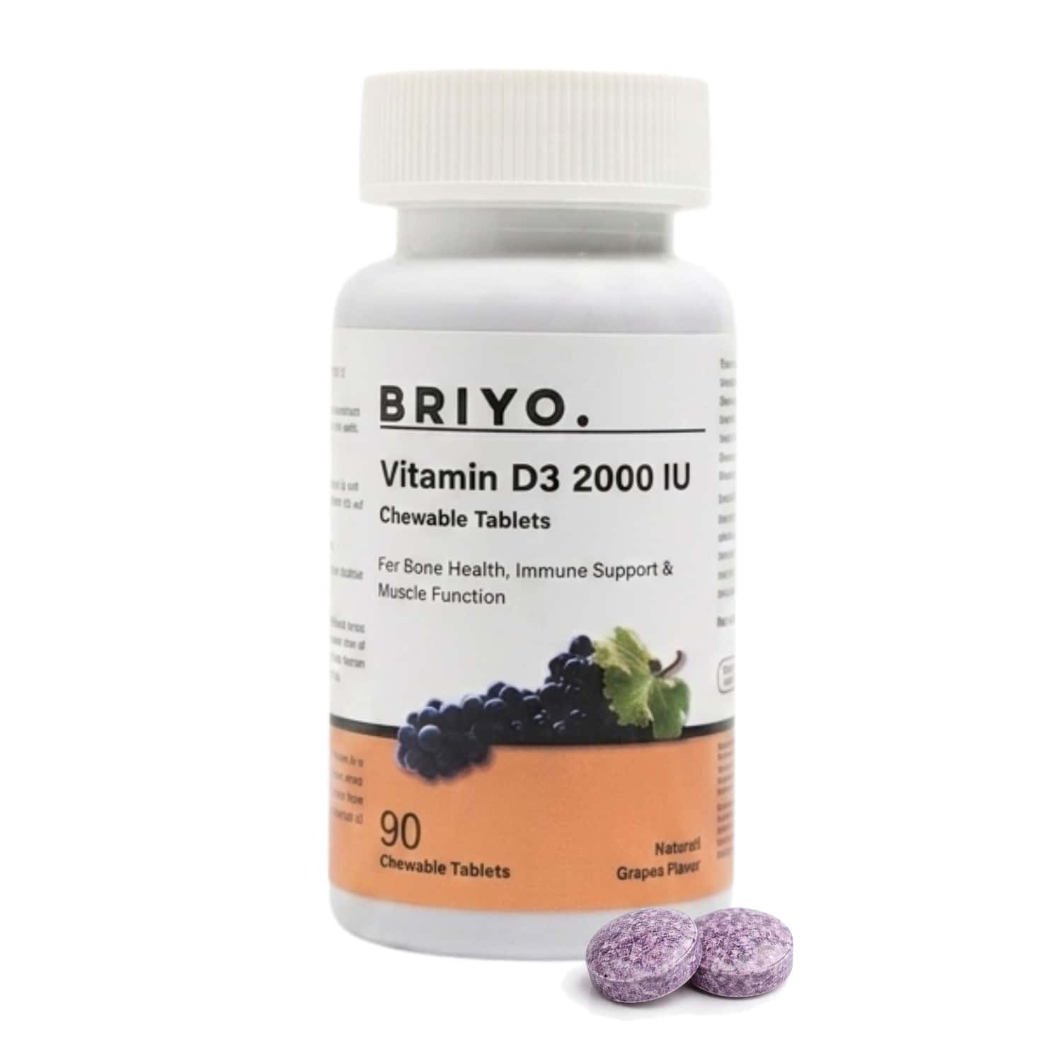 Briyo Vitamin D3 2000 Iu - 90 Chewable Tablets - Natural Grape Flavor - For Vitamin D3 Deficiency