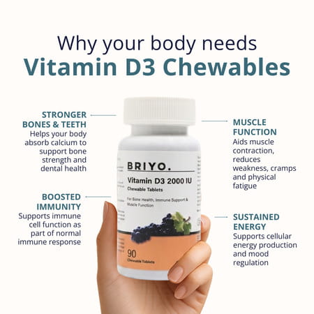 Briyo Vitamin D3 2000 Iu - 90 Chewable Tablets - Natural Grape Flavor - For Vitamin D3 Deficiency