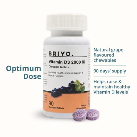 Briyo Vitamin D3 2000 Iu - 90 Chewable Tablets - Natural Grape Flavor - For Vitamin D3 Deficiency
