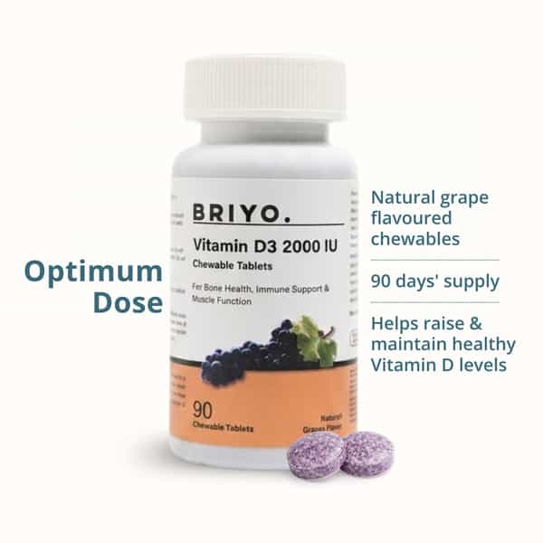 Briyo Vitamin D3 2000 Iu - 90 Chewable Tablets - Natural Grape Flavor - For Vitamin D3 Deficiency