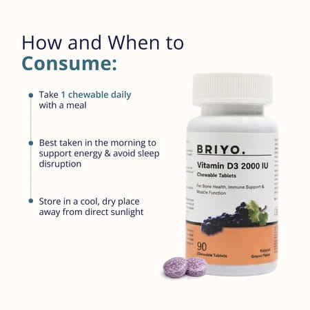 Briyo Vitamin D3 2000 Iu - 90 Chewable Tablets - Natural Grape Flavor - For Vitamin D3 Deficiency