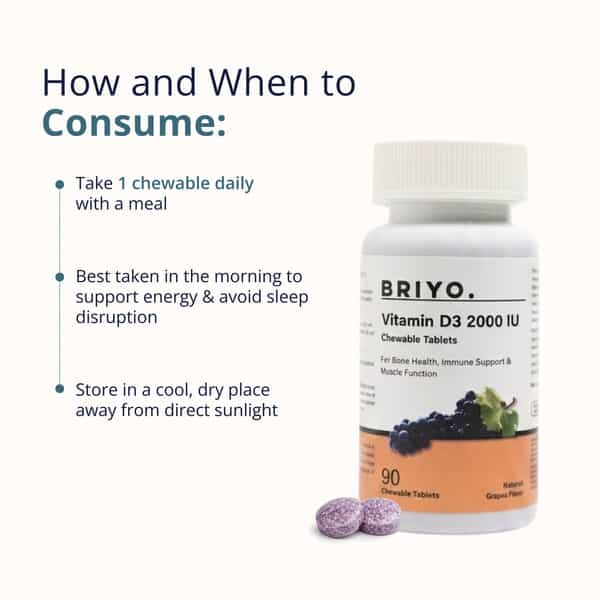 Briyo Vitamin D3 2000 Iu - 90 Chewable Tablets - Natural Grape Flavor - For Vitamin D3 Deficiency