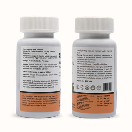 Briyo Vitamin D3 2000 Iu - 90 Chewable Tablets - Natural Grape Flavor - For Vitamin D3 Deficiency