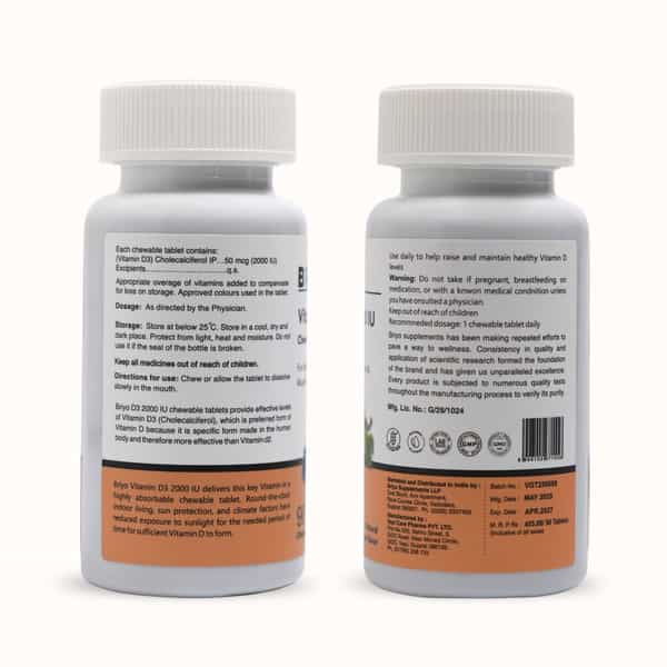 Briyo Vitamin D3 2000 Iu - 90 Chewable Tablets - Natural Grape Flavor - For Vitamin D3 Deficiency