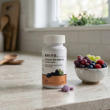 Briyo Vitamin D3 2000 Iu - 90 Chewable Tablets - Natural Grape Flavor - For Vitamin D3 Deficiency