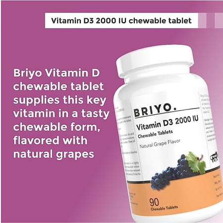 Briyo Vitamin D3 2000 Iu - 90 Chewable Tablets - Natural Grape Flavor - For Vitamin D3 Deficiency