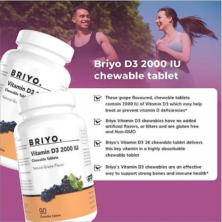 Briyo Vitamin D3 2000 Iu - 90 Chewable Tablets - Natural Grape Flavor - For Vitamin D3 Deficiency