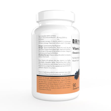 Briyo Vitamin D3 2000 Iu - 90 Chewable Tablets - Natural Grape Flavor - For Vitamin D3 Deficiency