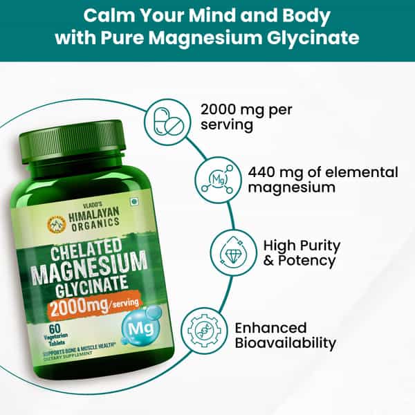 Vlado's Himalayan Organics Chelated Magnesium Glycinate Supplement 2000Mg Per Serving | Veg - 60N