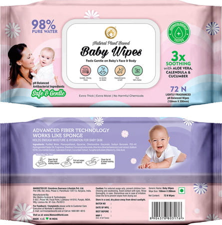Mom & World Natural 98% Pure Water Baby Wipes 3X Soothing With Aloe Vera Ph Balanced 72 N Wipes X 9