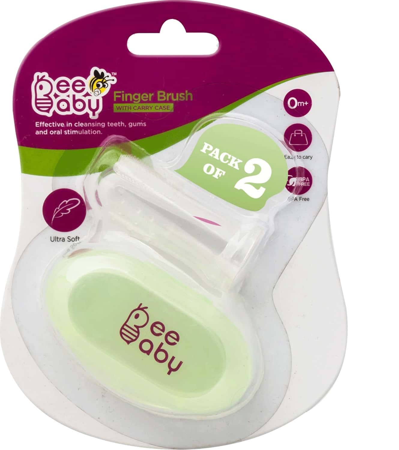 Beebaby Silicone Finger Brush With Carry Case (Green) (Pack Of 2)