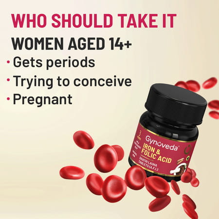 Gynoveda 14+ Iron Folic Acid Ayurvedic Blood Builder For Hemoglobin In Periods. 1 Bottle 60 Tablet