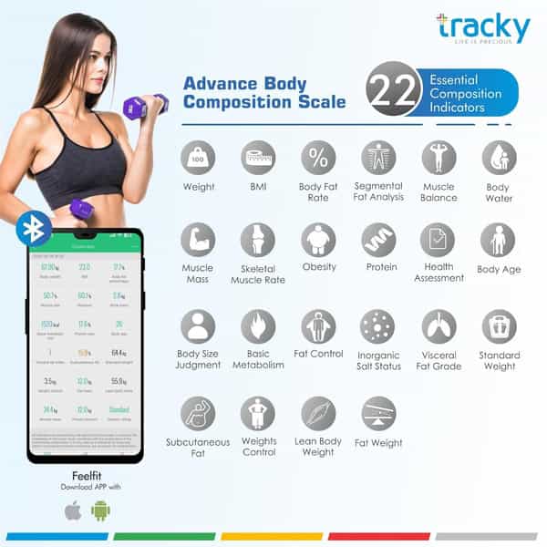 Tracky 8 Electrode Weighing Scale | Sync 22 Body Metrics Via App | Smart Bmi & Body Fat Analyzer