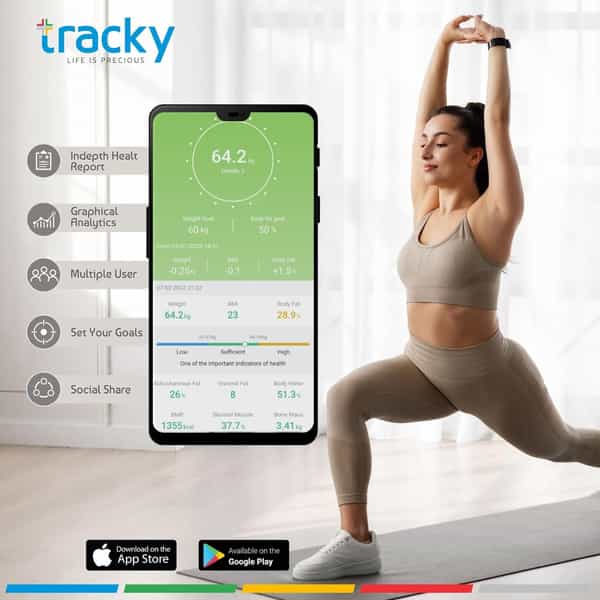Tracky 8 Electrode Weighing Scale | Sync 22 Body Metrics Via App | Smart Bmi & Body Fat Analyzer