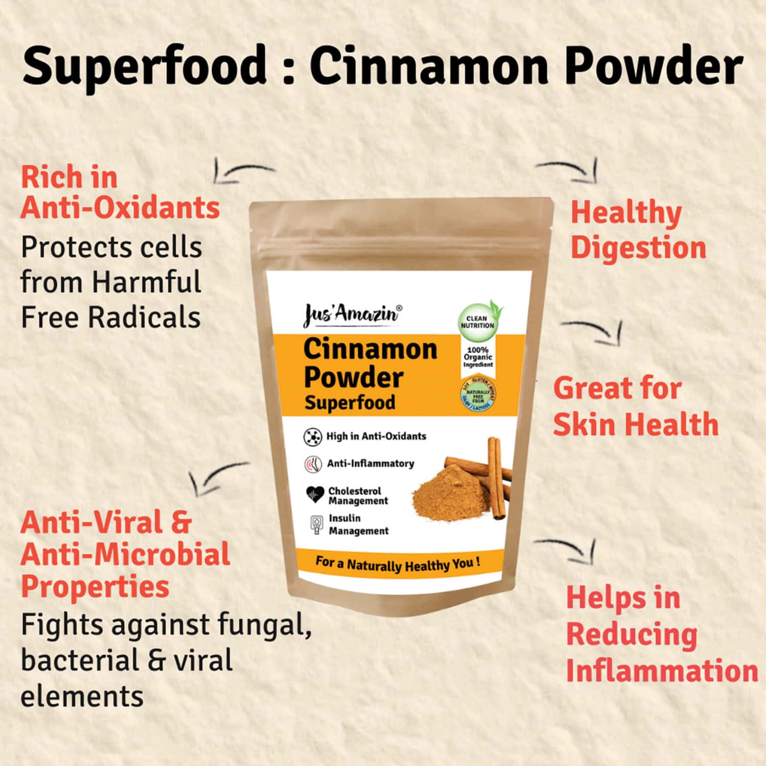 Buy JUS AMAZIN ORGANIC CINNAMON POWDER (200G) CLEAN NUTRITION SUPERFOOD