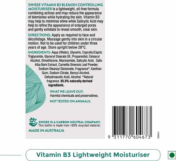 Swisse Skincare Vitamin B3 Anti Blemish Moisturizer With Green Tea & Willow Bark Extract - 115G