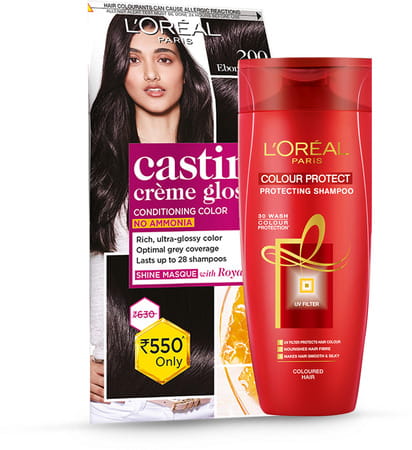 L Oreal Paris Casting Creme Gloss Hair Color | 200 Ebony Black - 60g + 40ml + 60g | Pack Of 1