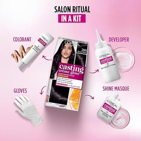 L Oreal Paris Casting Creme Gloss Hair Color | 200 Ebony Black - 60g + 40ml + 60g | Pack Of 1