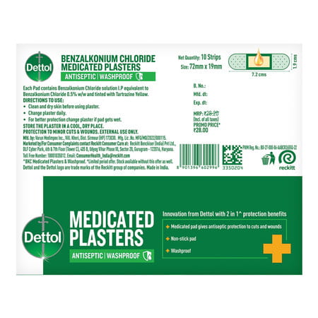 Dettol Medicated Plasters | Washproof | Bandages | 10 Strips